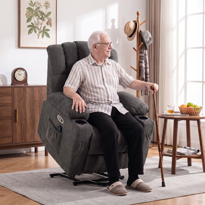 Sillón Relax Reclinable Eléctrico Levanta Personas Mayores con 8 Puntos Masaje Vibratorio y Calor, Sillón Elevador, Asiento Ancho, USB-C, USB-A, Bolsillos, Portavasos, Reposapiés, de Rizo Negro