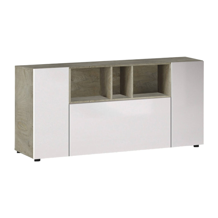 Credenza Paterson, Madia moderna a 3 ante, Buffet da soggiorno con scomparti, Madia da salotto, Mobile Porta TV, cm 150x41h76, Bianco e Rovere