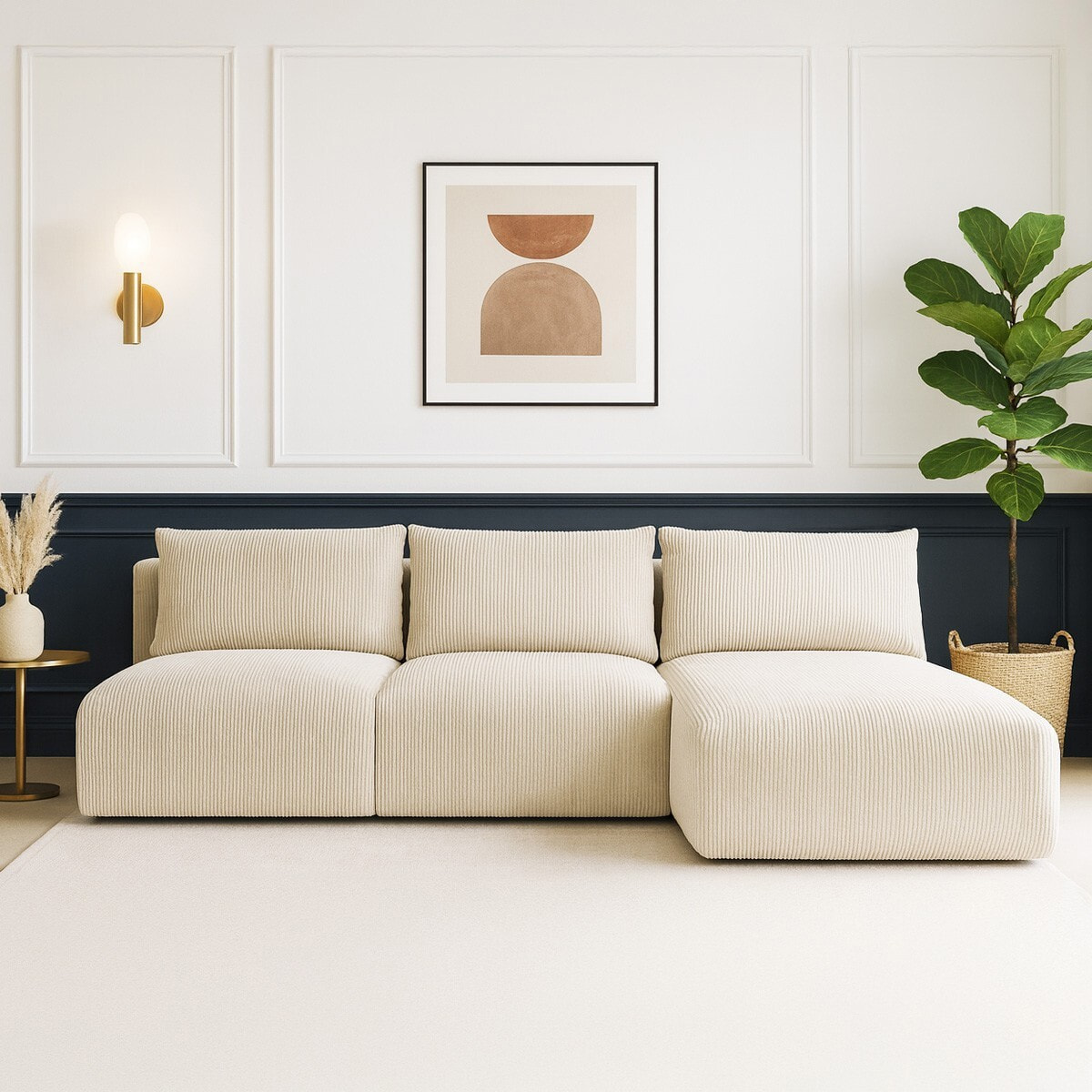 Canapé d'angle à droite convertible 4 places en velours côtelé - JASPER