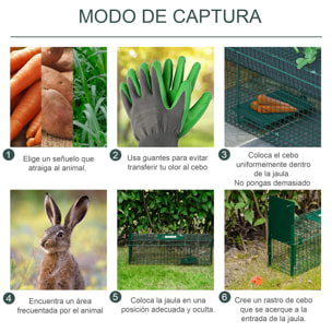 Trampa para Animales Vivos con Puerta Jaula de Captura Metálica con Asa para Conejos Visones Pequeños 60x18x20 cm Verde Oscuro