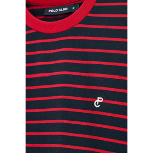 Maglietta a righe rosse e blu marino e beige con monogramma ricamato