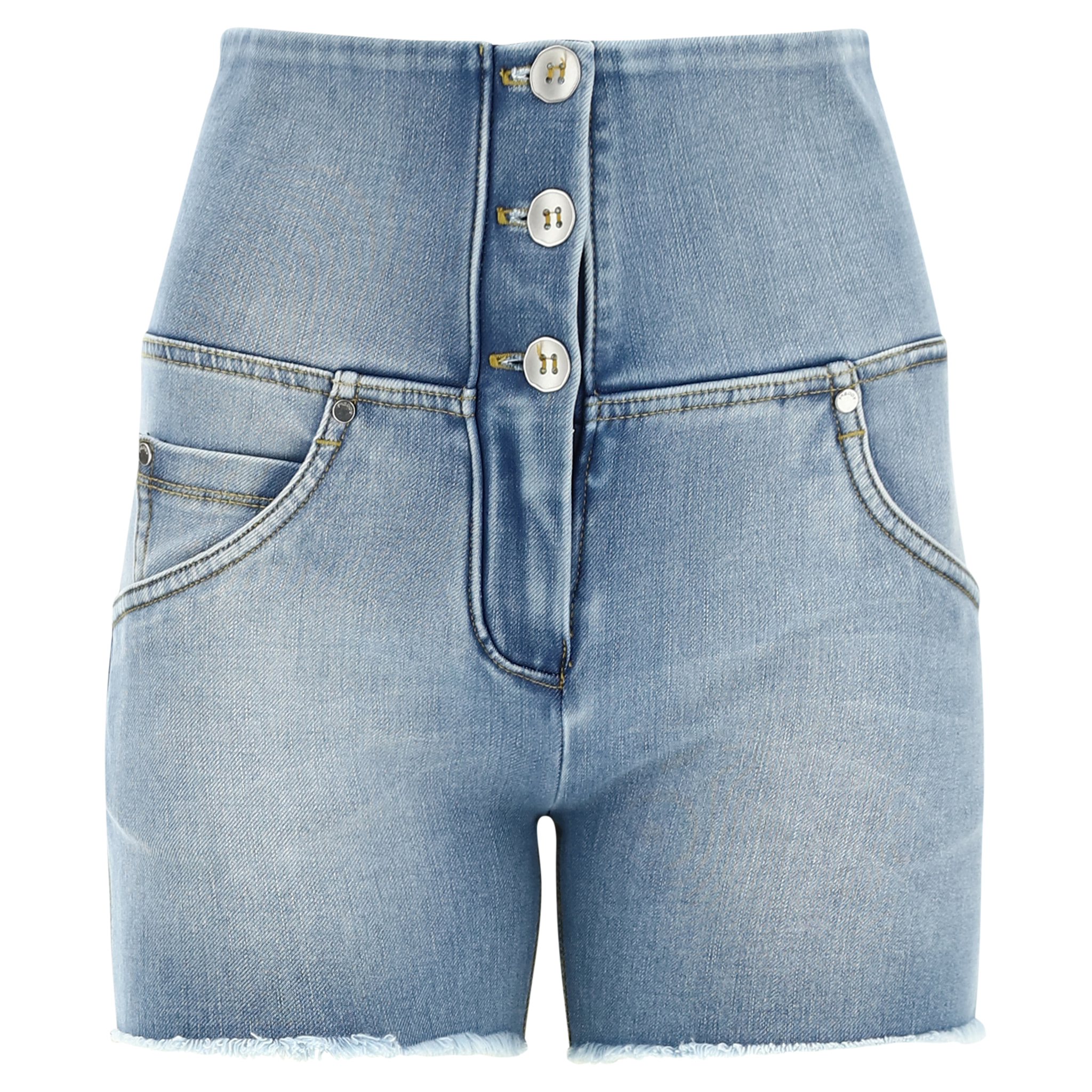 Shorts push up WR.UP® sfrangiati vita alta in denim navetta ecologico