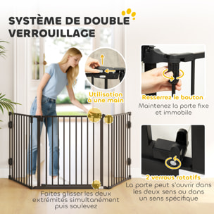 Barrière de sécurité chien pliable modulable 3 panneaux une porte dim. max. L.202,5 x H.76 cm - acier noir