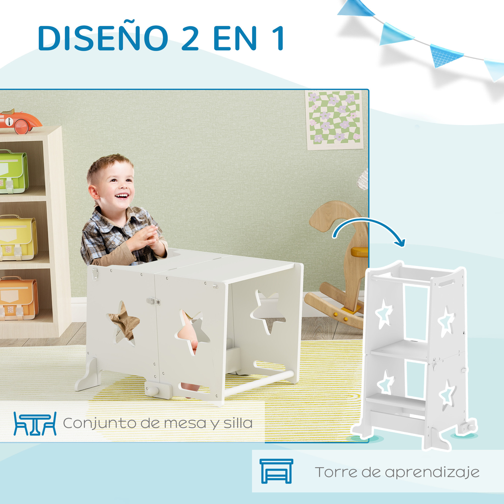 Torre de Aprendizaje 2 en 1 Taburete de Aprendizaje para Niños de +3 Años Convertible en Mesa y Silla con Barra de Seguridad 60x44,5x86 cm Blanco