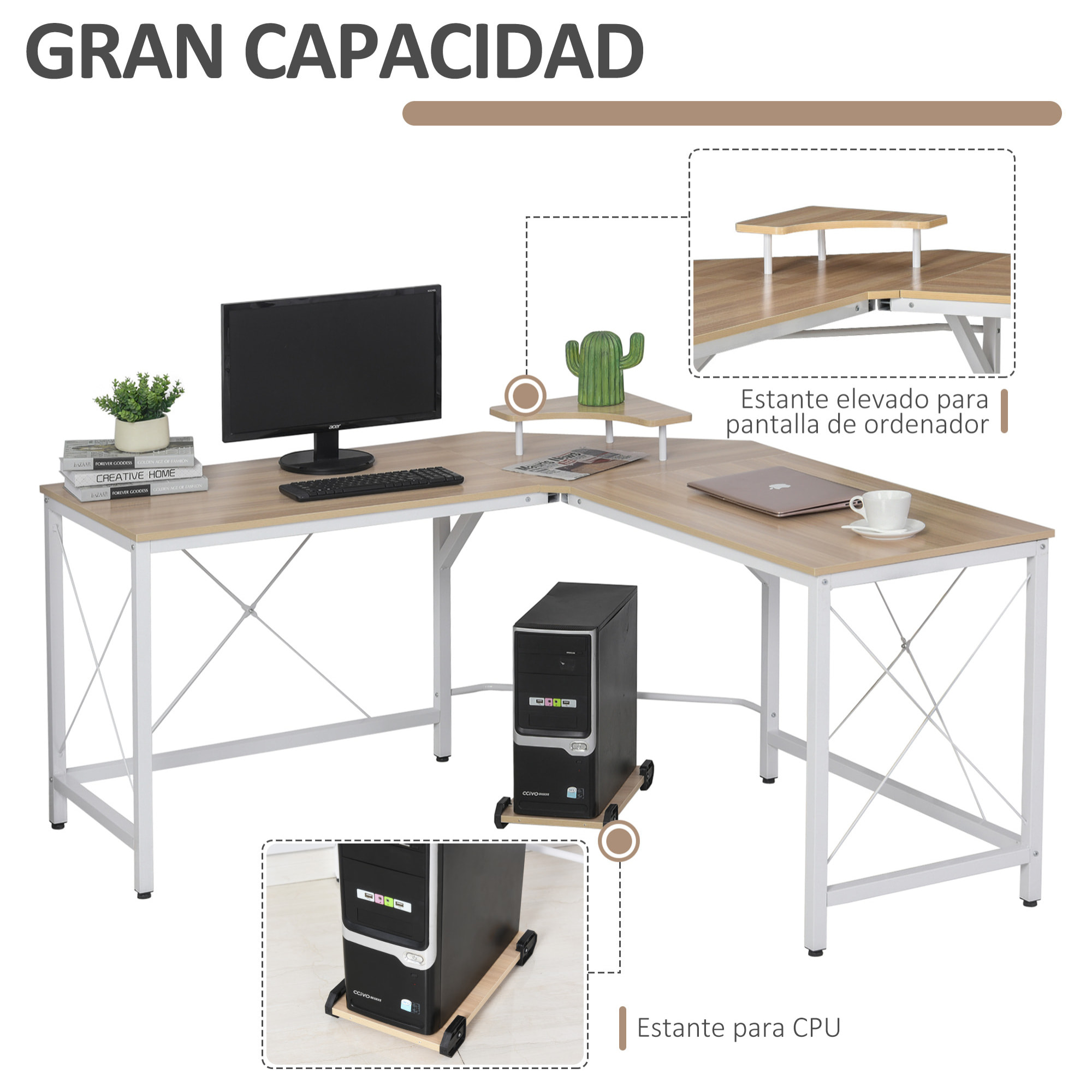 Mesa de Computadora Forma de L con Soporte 150x150x76cm