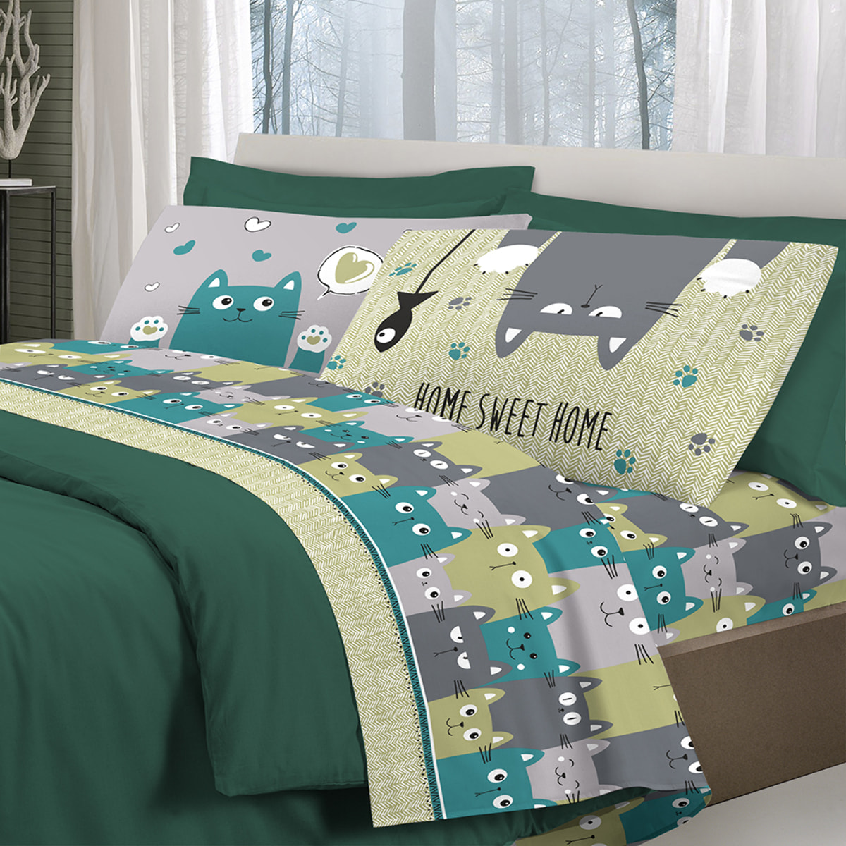 Completo letto happycat verde 100% cotone
