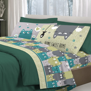 Completo letto happycat verde 100% cotone