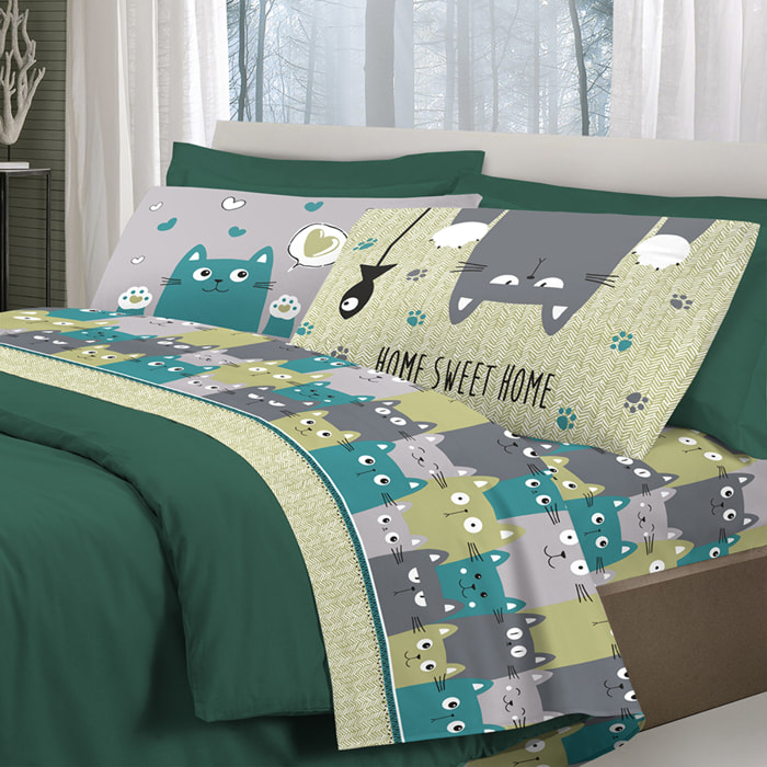 Completo letto happycat verde 100% cotone