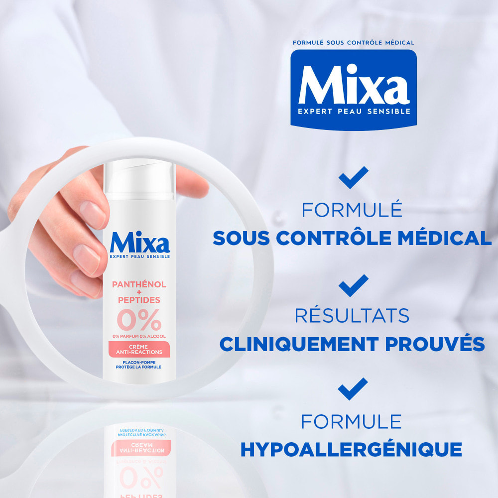 Mixa crème hydratante et réparatrice anti-reactions formulée à partir de Panthénol et Peptides pour hydrater et réparer la barri