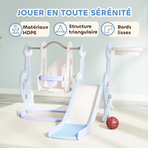 Toboggan balançoire panier basket enfant 3 en 1 design fusée HDPE blanc bleu