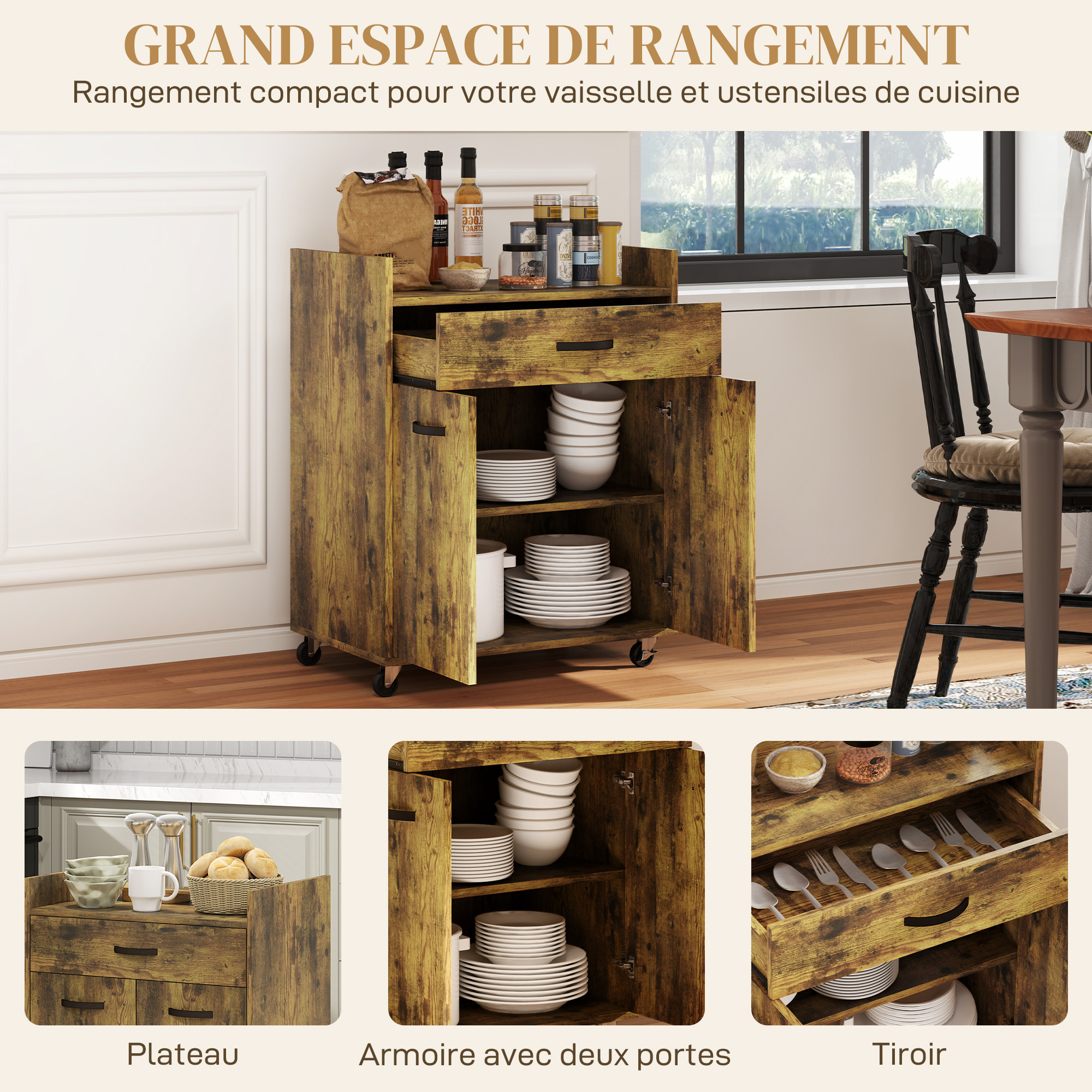 Chariot de service desserte de cuisine à roulettes tiroir placard 2 portes étagère aspect bois vieilli