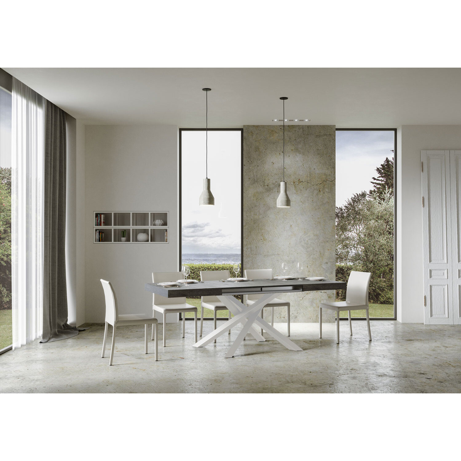 Tavolo allungabile 90x140/400 cm Volantis cemento telaio bianco