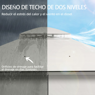 para Jardín 3x3,6 m, Pabellón de Jardín Gazebo con Doble Techo, 4 Paredes Laterales y Mosquitera, Estructura Metálica, Drenaje, Carpa para Exterior, Terraza, Patio, Gris Claro
