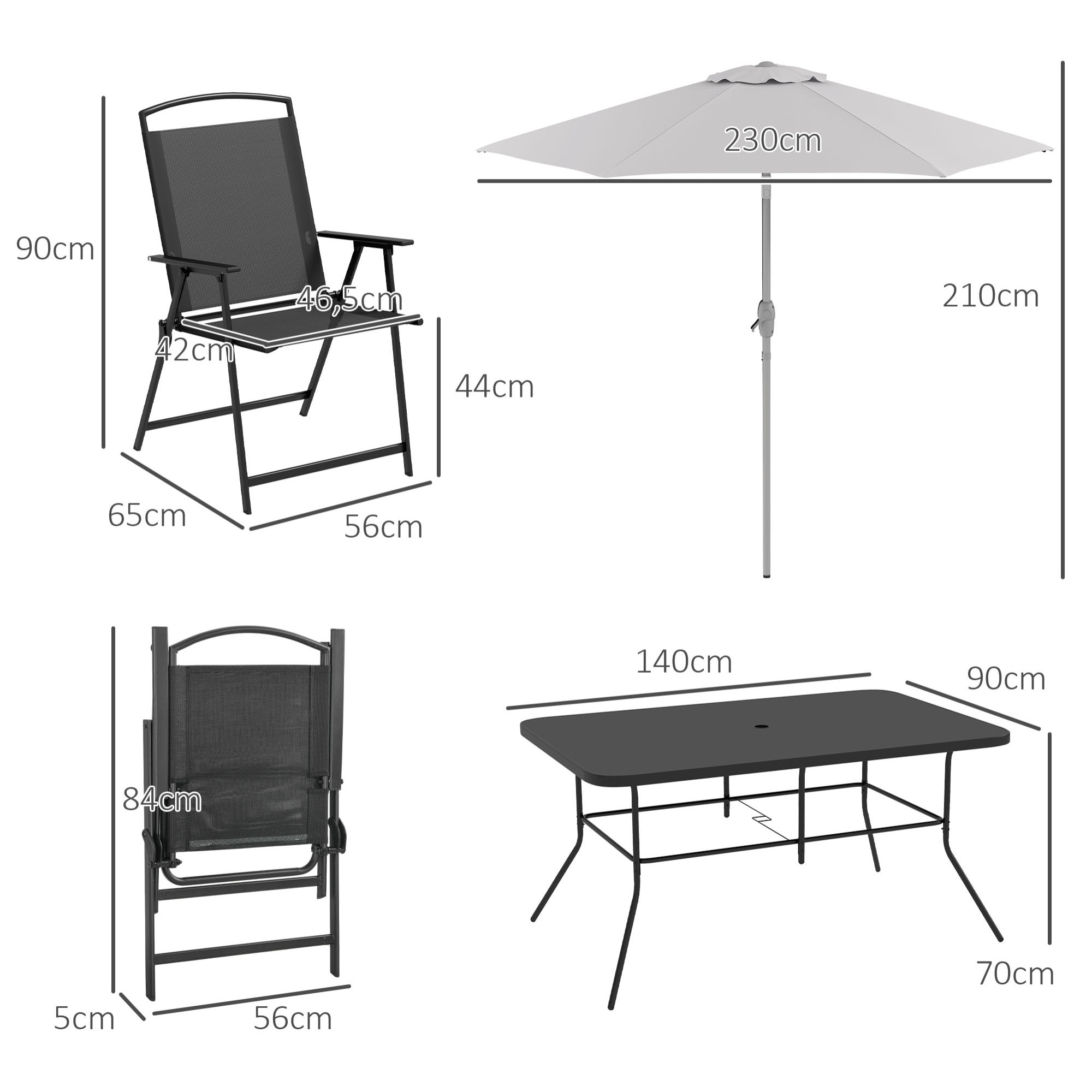 Ensemble salon de jardin 6 places 8 pièces - parasol, table, 6 chaises pliantes - métal époxy textilène polyester noir gris