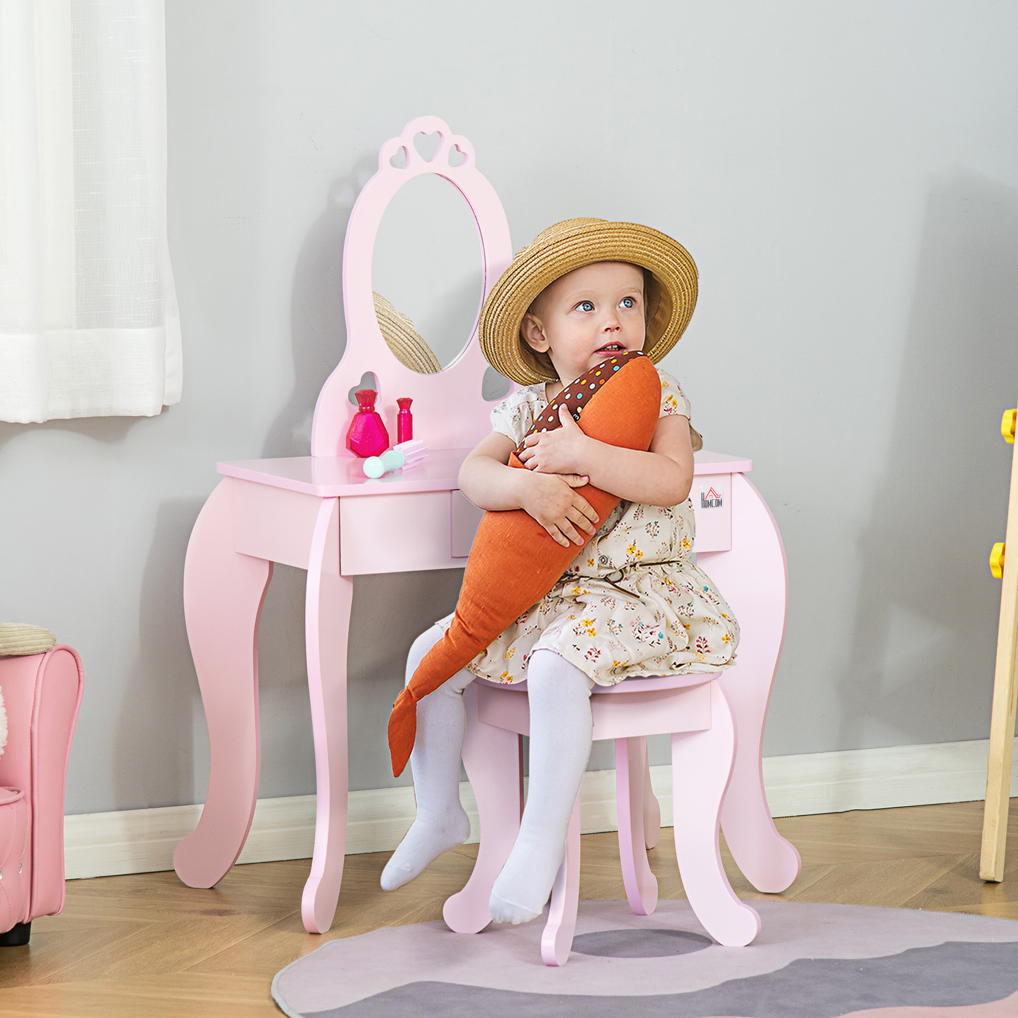 Coiffeuse enfant design girly avec motifs à coeur - tabouret inclus - dim. 60L x 36l x 88H cm - tiroir, miroir - MDF - rose