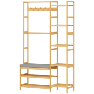 Vestiaire d'entrée style naturel bois bambou 5 + 2 étagères 10 patères barre penderie banc