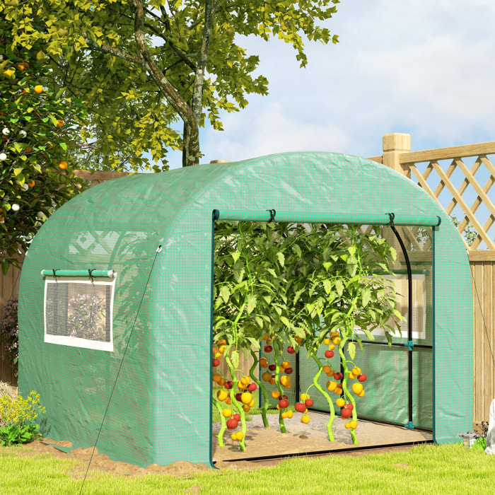 Serre tunnel 6 m² 2 portes zippées 2 fenêtres maillées acier PE haute densité 135 g/m² vert