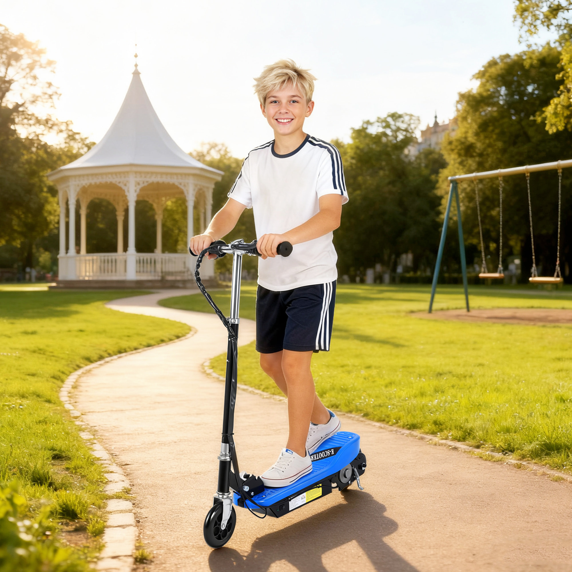 Patinete Eléctrico Plegable para Niños y Adolescentes de +7 Años Velocidad de 10 km/h Scooter Eléctrico con Manillar Ajustable en Altura y Frenos Carga Máx. 50 kg 78x37x87-95 cm Azul