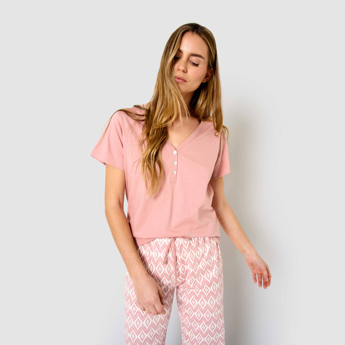 Pijama largo algodón manga corta con escote pico dida rosa