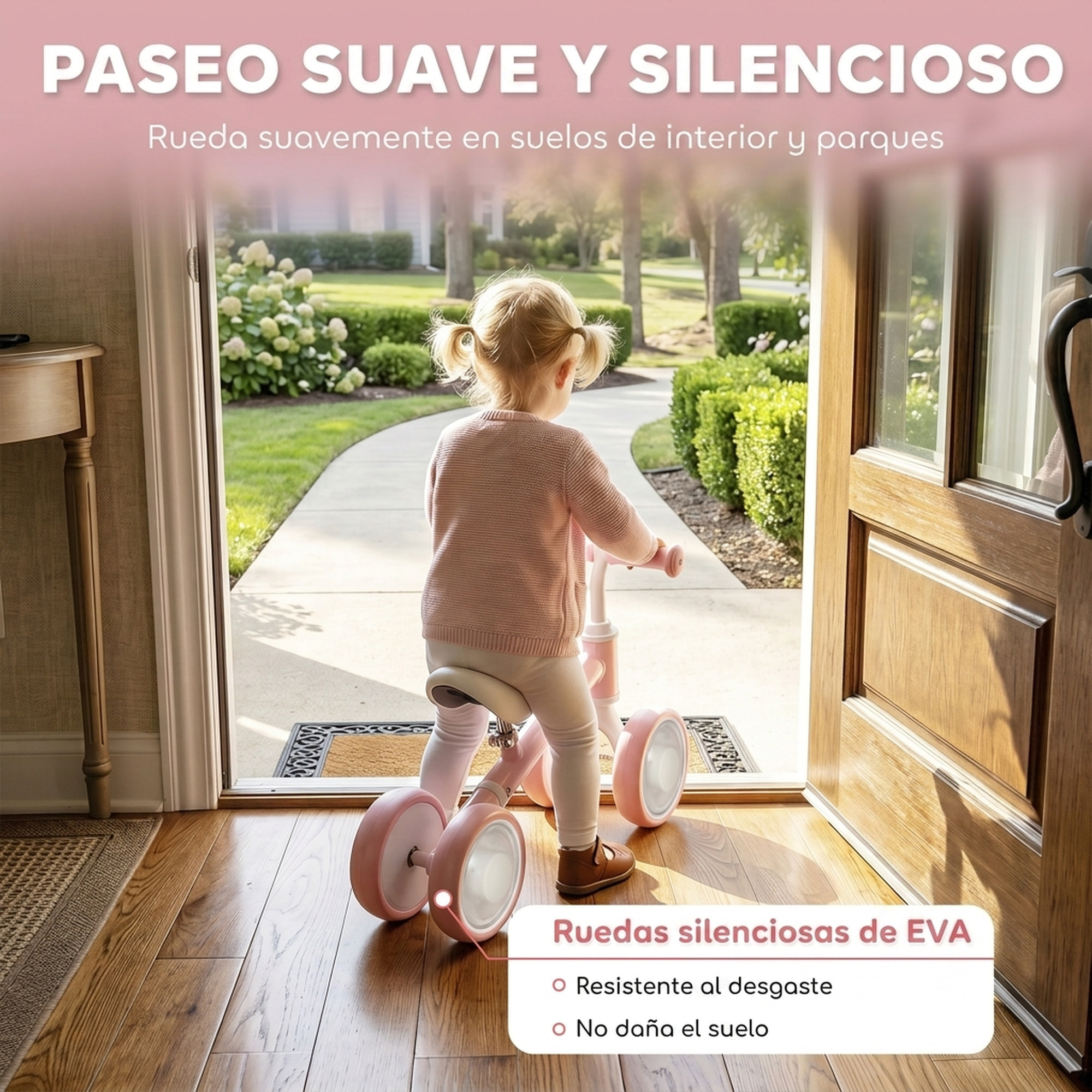 Bicicleta sin Pedales, Bici Correpasillos con Limitado a 135°, Asiento Ajustable en Altura, 4 Ruedas EVA Silenciosas con Luces, Bicicleta de Equilibrio para Niños y Niñas de 1 a 2 Años, Rosa