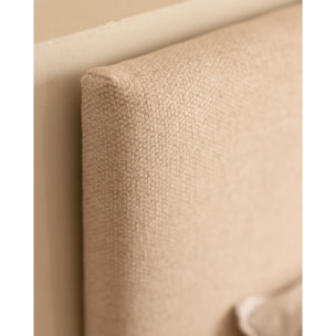 Pack tête de lit rembourrée beige et 2 tables de chevet flottantes en bois massif ton chêne foncé en différentes tailles