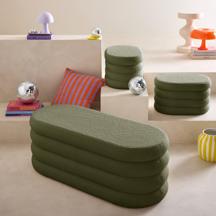 Banc coffre en bouclettes kaki avec 2 poufs ovales de rangement intégrés - L111cm