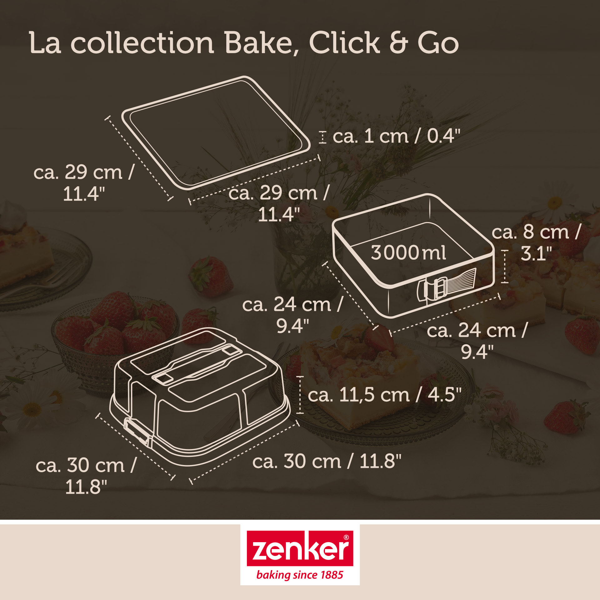 Ensemble de 2 Moules à charnière carré avec couvercle 23 cm Zenker Bake Click and Go