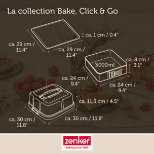 Ensemble de 2 Moules à charnière carré avec couvercle 23 cm Zenker Bake Click and Go