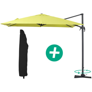 Parasol jardin déporté Alu "Sun 3" - Carré - 3 x 3 m - Vert + housse de protection