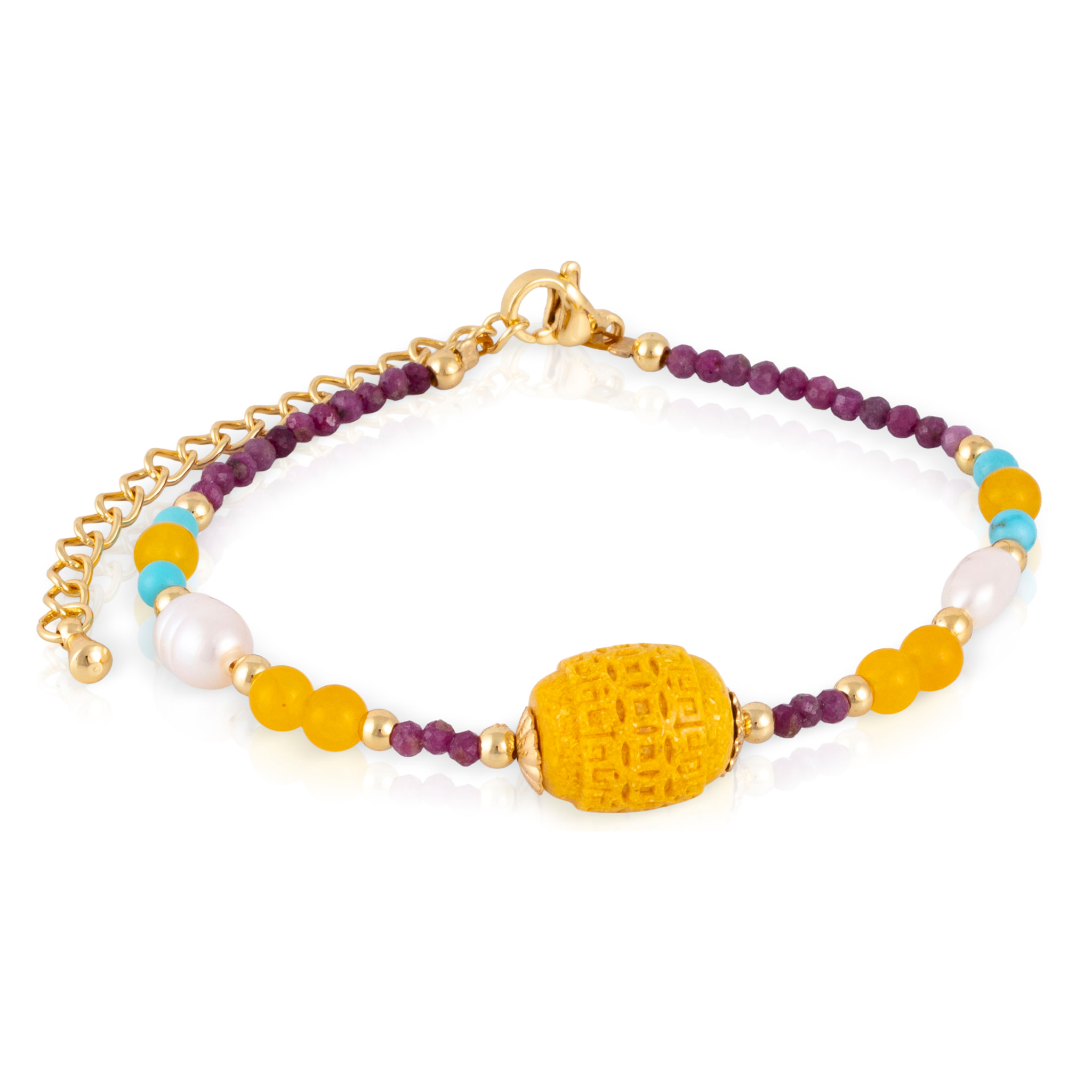 Pulsera de crisoberilo, turmalina, citrino, turquesa y perlas naturales con cierre de mosquetón.