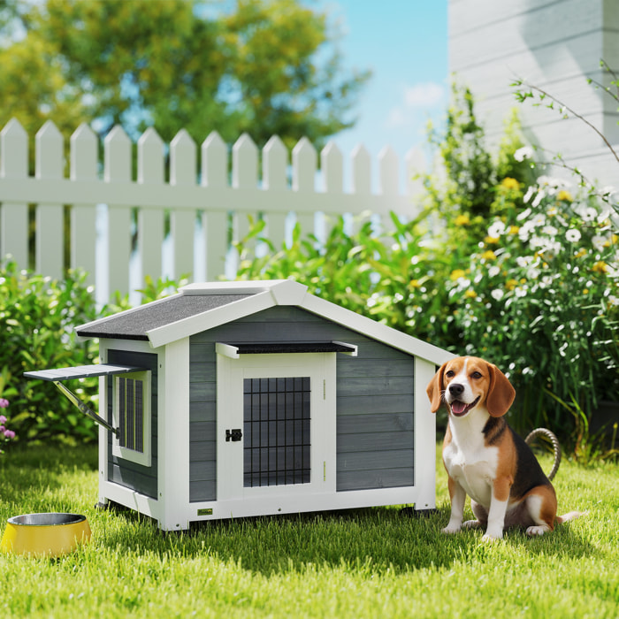 Niche chien bois sur pieds - porte verrouillable, fenêtre volet - marquise et toit bitumé