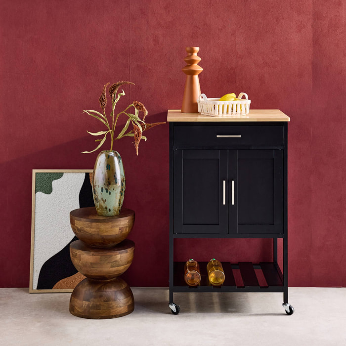 Desserte de cuisine noire BENDOR plateau en bois d'hévéa. 56 x 46 x 90 cm. 4 roues. 1 tiroir. 2 étagère. 1 double porte. style contemporain