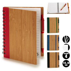 Pack 4 quaderni in bamboo con gomma e penna 18x14. Assortimento 4 disegni.