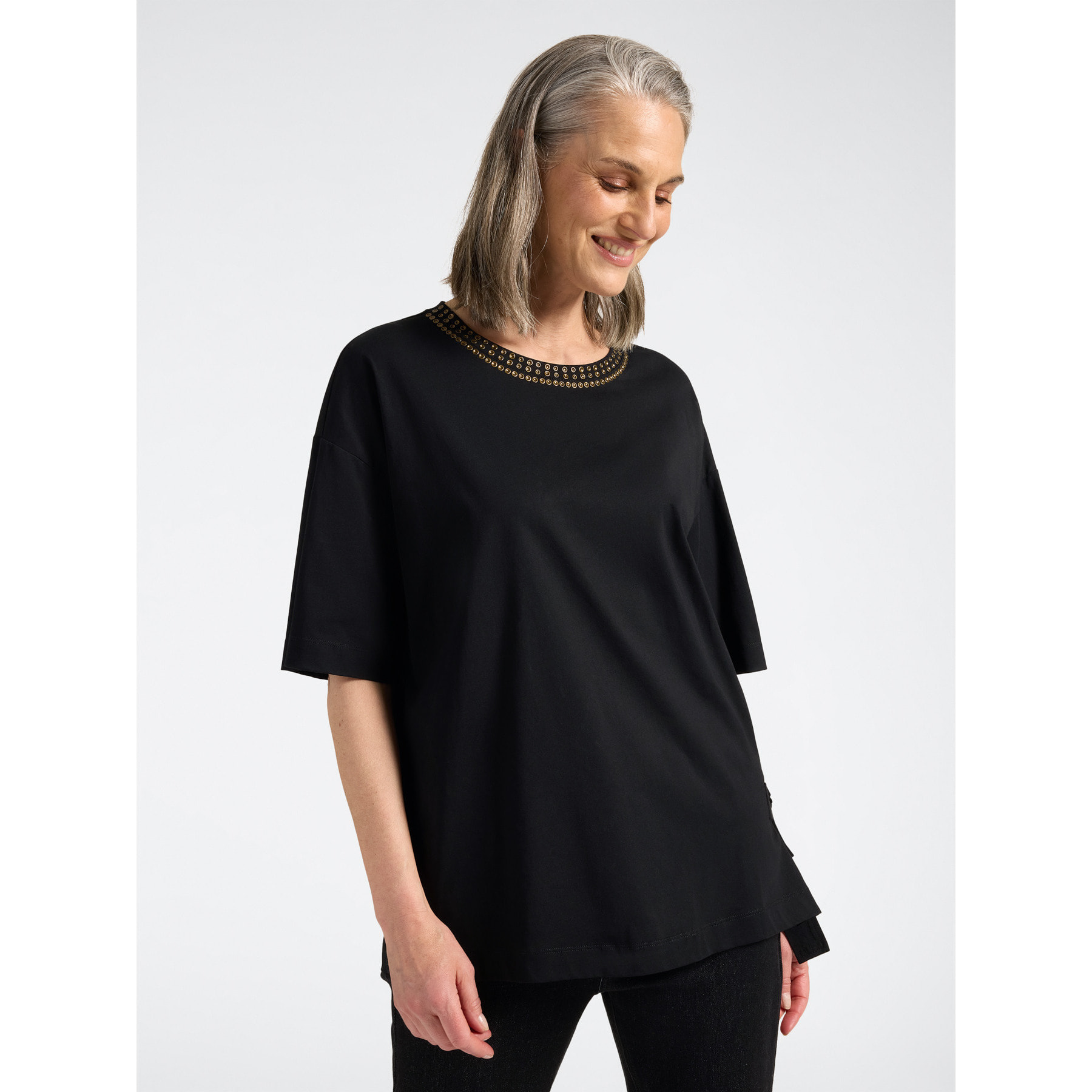 Elena Mirò - T-shirt in cotone con borchie e lacci laterali - Nero