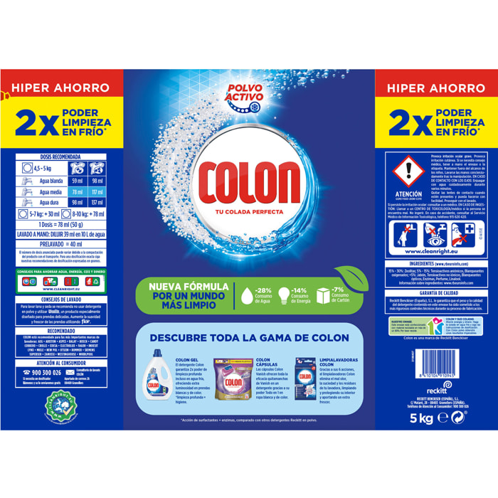 Colon Polvo Activo - Detergente para lavadora, adecuado para ropa blanca y de color, formato polvo - 100 dosis, 5 kg