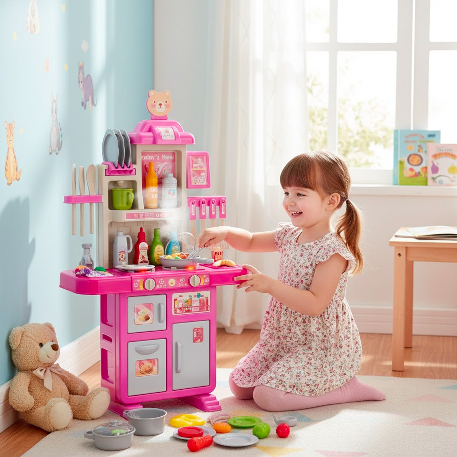 Cucina Giocattolo Per Bambini Con Luci E Suoni Realistici 69 Accessori Rubinetto Con Sistema Di Riciclo Dell'Acqua E Fornelli 3-5 Anni Rosa e Bianco