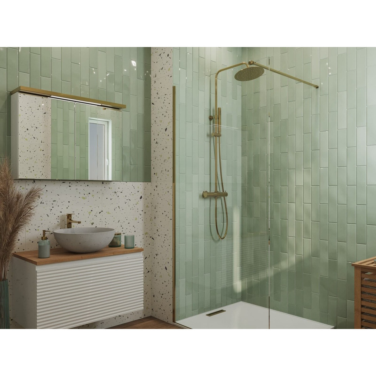 Walk-in 70x200cm Paroi en verre Crystal Glass® 8 mm anticalcaire, avec bras et profilés or (SATBWI70PRZ)