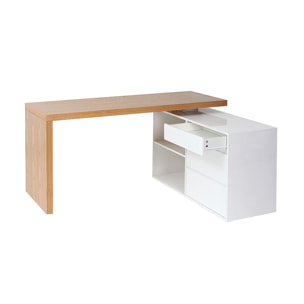 Bureau modulable design blanc brillant et bois clair frêne L160-235 cm NEW MAX