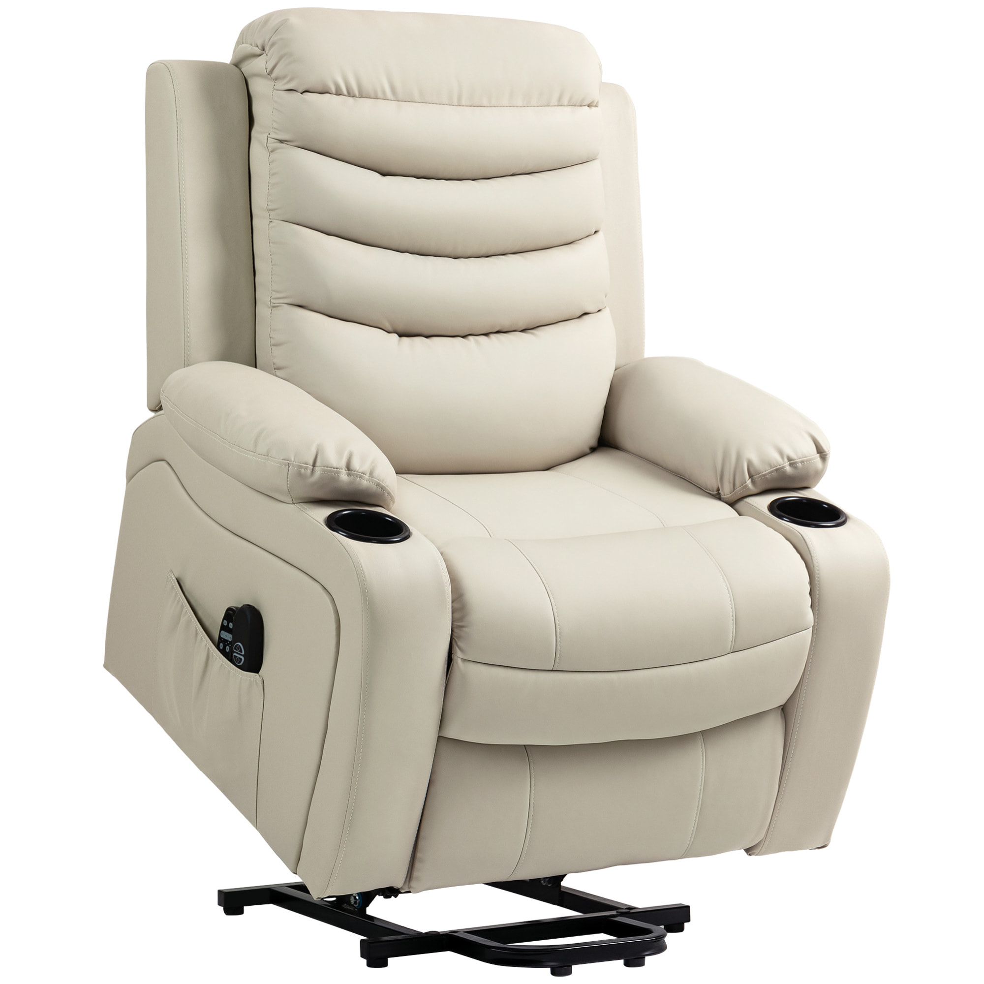 Sillón Relax Reclinable Eléctrico Levanta Personas, con Masaje Vibratorio y Calor, Sillón Elevador, con Puerto USB, Control Remoto, Reposapiés, Tapizado en PU, Bolsillos, Portavasos, Crema