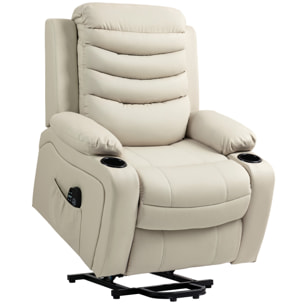 Sillón Relax Reclinable Eléctrico Levanta Personas, con Masaje Vibratorio y Calor, Sillón Elevador, con Puerto USB, Control Remoto, Reposapiés, Tapizado en PU, Bolsillos, Portavasos, Crema