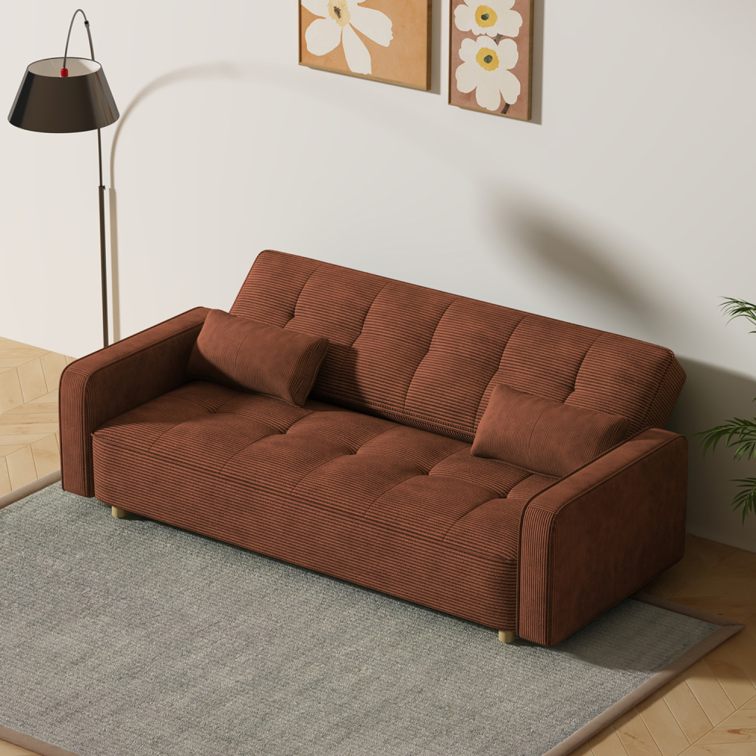 COOPER Canapé scandinave convertible 3 places en velours côtelé terracotta