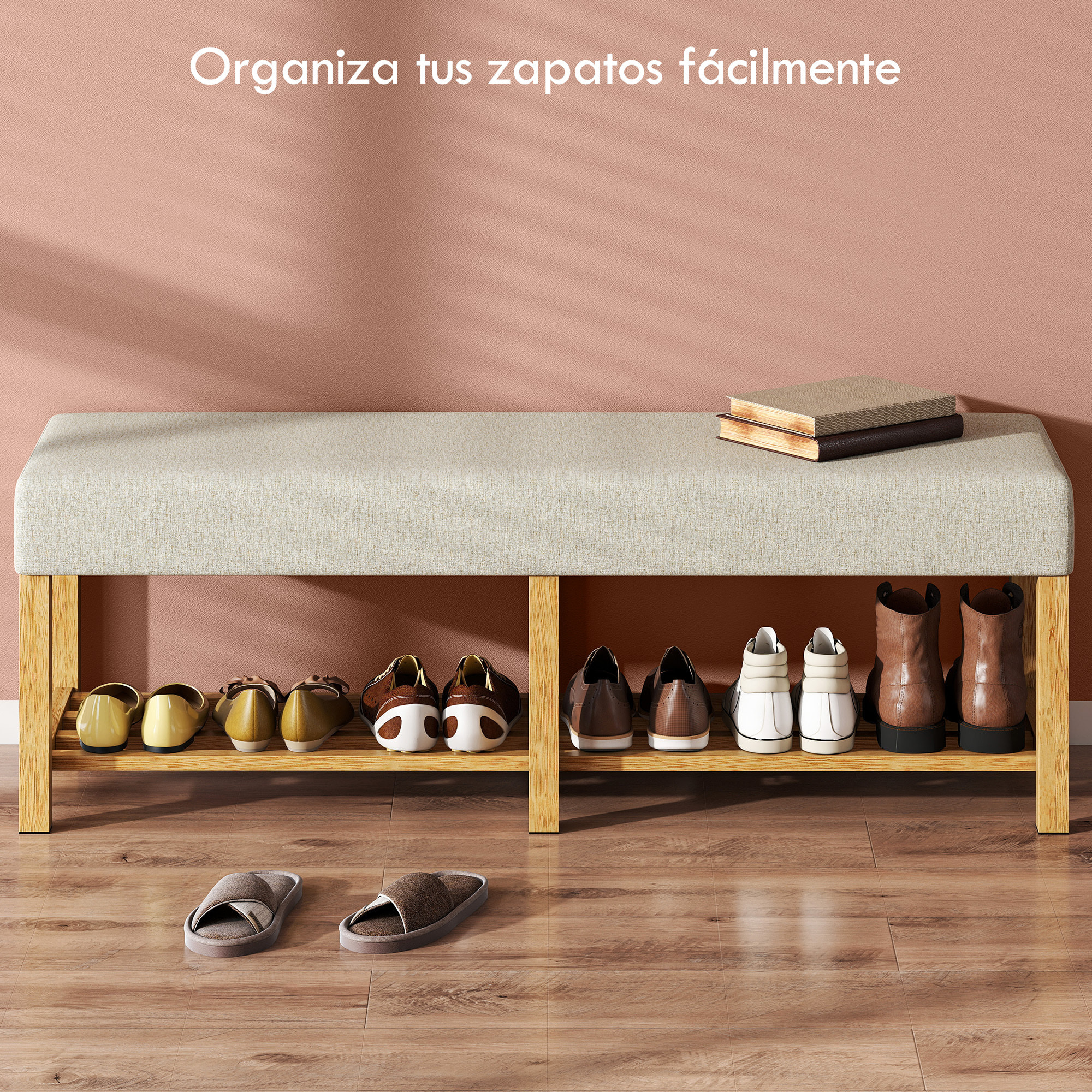 Banco Zapatero, Banco Recibidor Moderno, con Asiento Acolchado para 2 Personas, Estante Abierto, Marco de Madera, para Entrada, Pasillo, Salón, 140x44x48 cm, Crema y Madera Natural