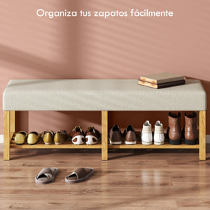 Banco Zapatero, Banco Recibidor Moderno, con Asiento Acolchado para 2 Personas, Estante Abierto, Marco de Madera, para Entrada, Pasillo, Salón, 140x44x48 cm, Crema y Madera Natural