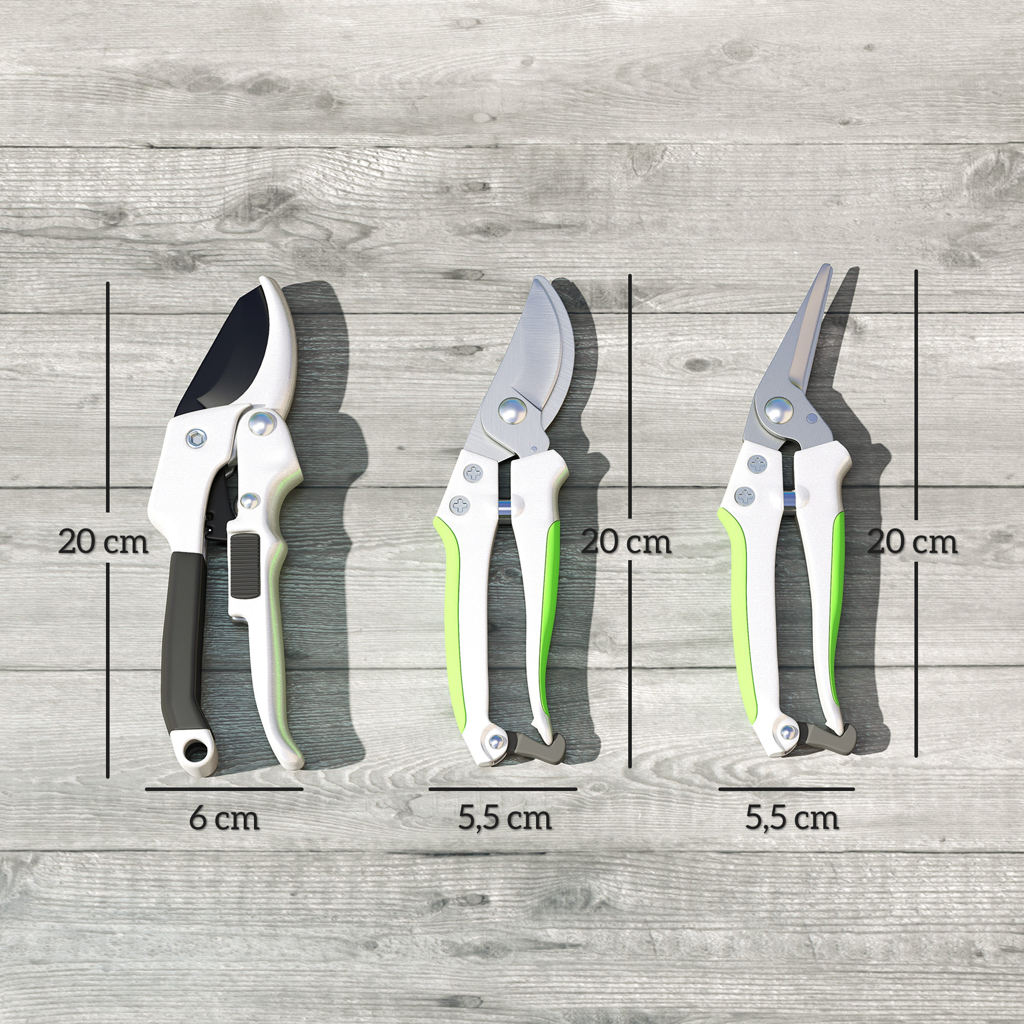 Ensemble 3 pièces sécateur à enclume + sécateur à lames franches + ciseau de taille noir vert