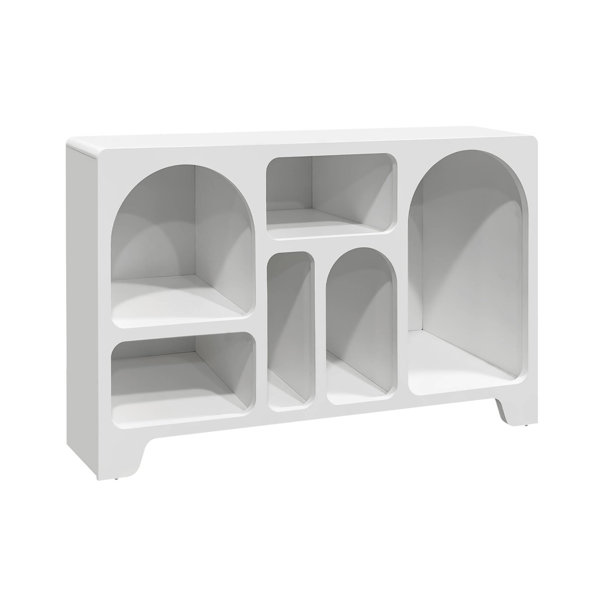 Buffet organique plusieurs niches 6 compartiments. buffet bas. effet bois blanc 120cm