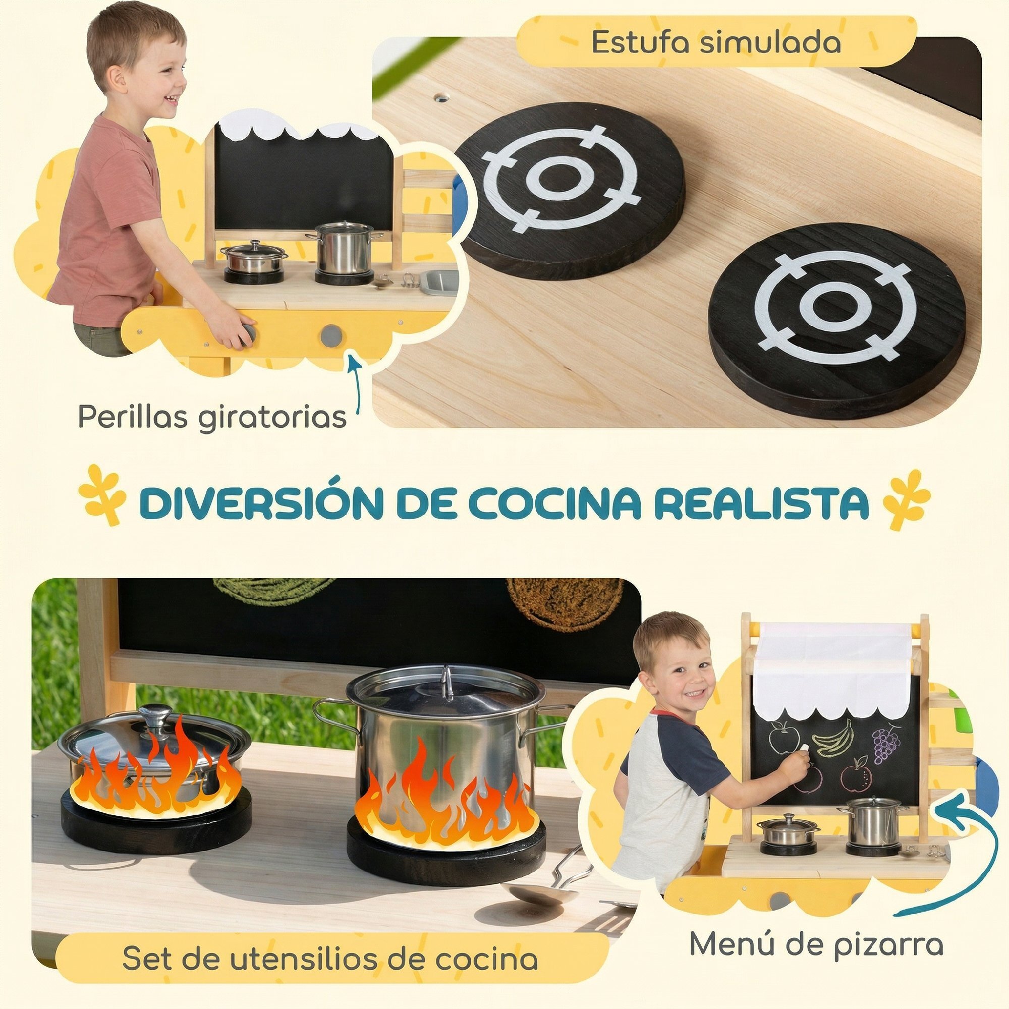 Cocina de Juguete Exterior con Ruedas, Cocinita Infantil de Madera con Agua Real, Fregadero, Estufas, Estantes, Macetas, Pizarra y 15 Accesorios, 84,2x34,4x90 cm, Amarillo