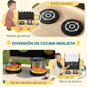 Cocina de Juguete Exterior con Ruedas, Cocinita Infantil de Madera con Agua Real, Fregadero, Estufas, Estantes, Macetas, Pizarra y 15 Accesorios, 84,2x34,4x90 cm, Amarillo