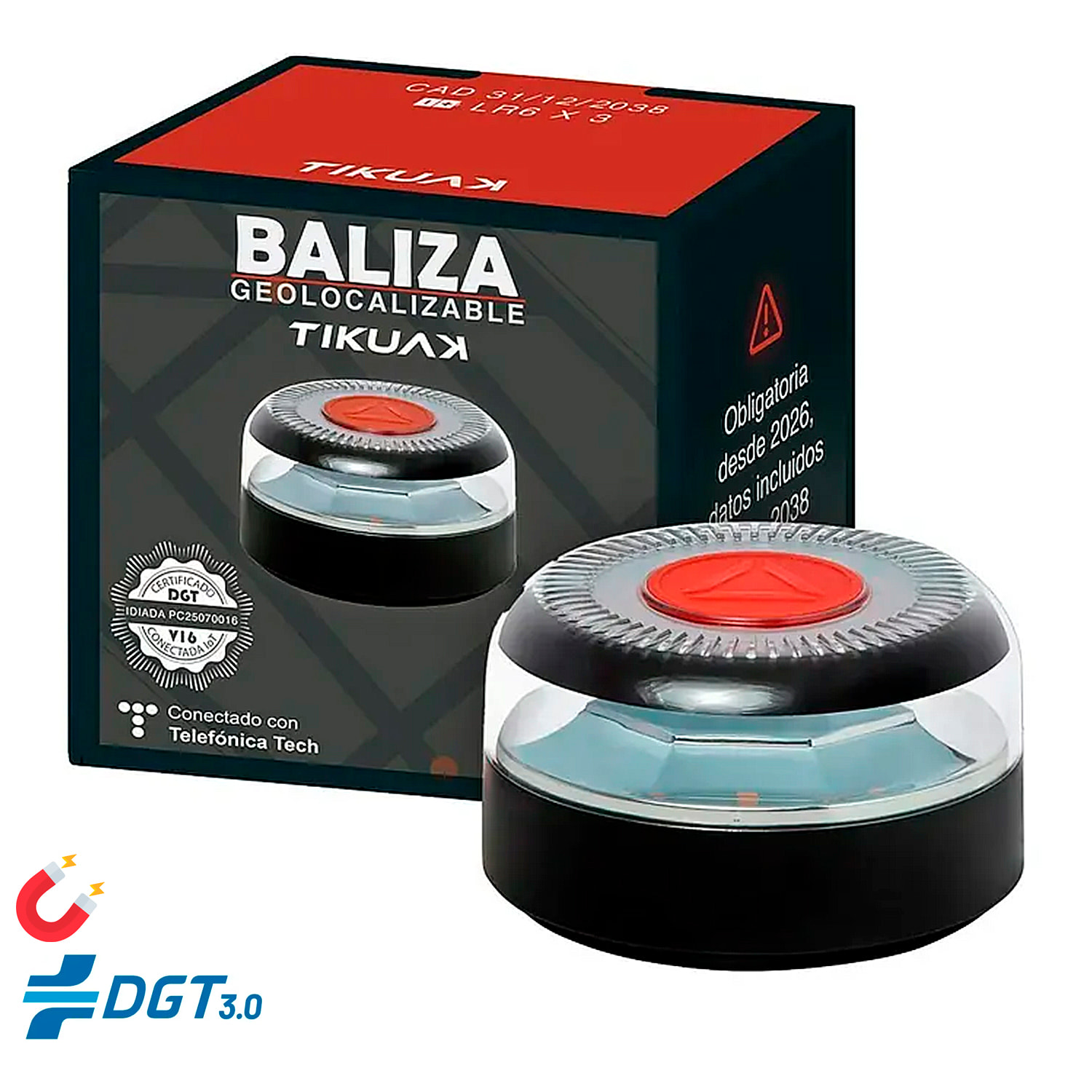 Baliza V16 geolocalizada Tikuak homologada DGT 3.0 con luz LED ámbar 360°, 8 LEDs, pilas incluidas y resistente a agua y viento