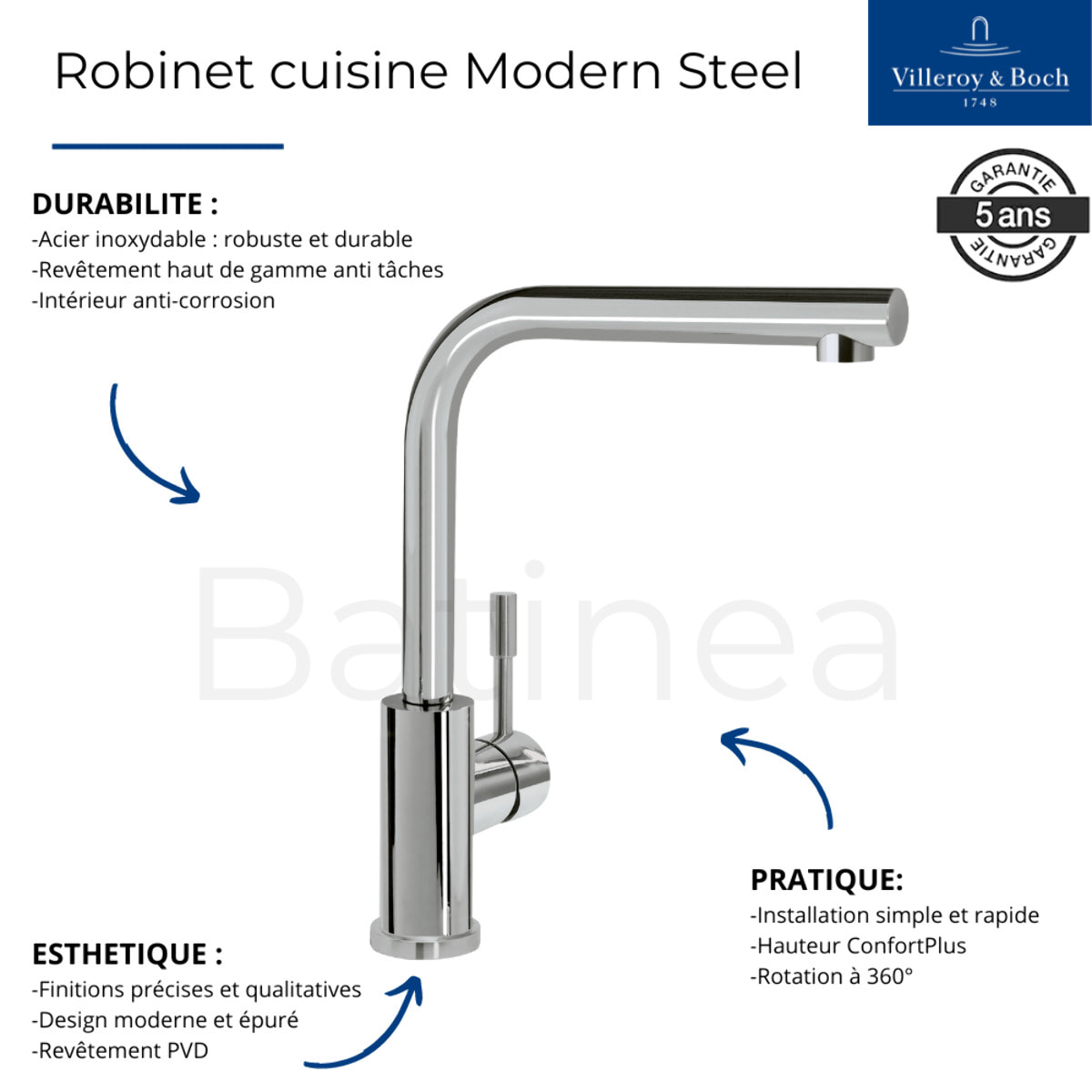 Evier Subway Pure 60 égouttoir à droite vidage auto + Robinet de cuisine Modern Steel Acier Massif Poli