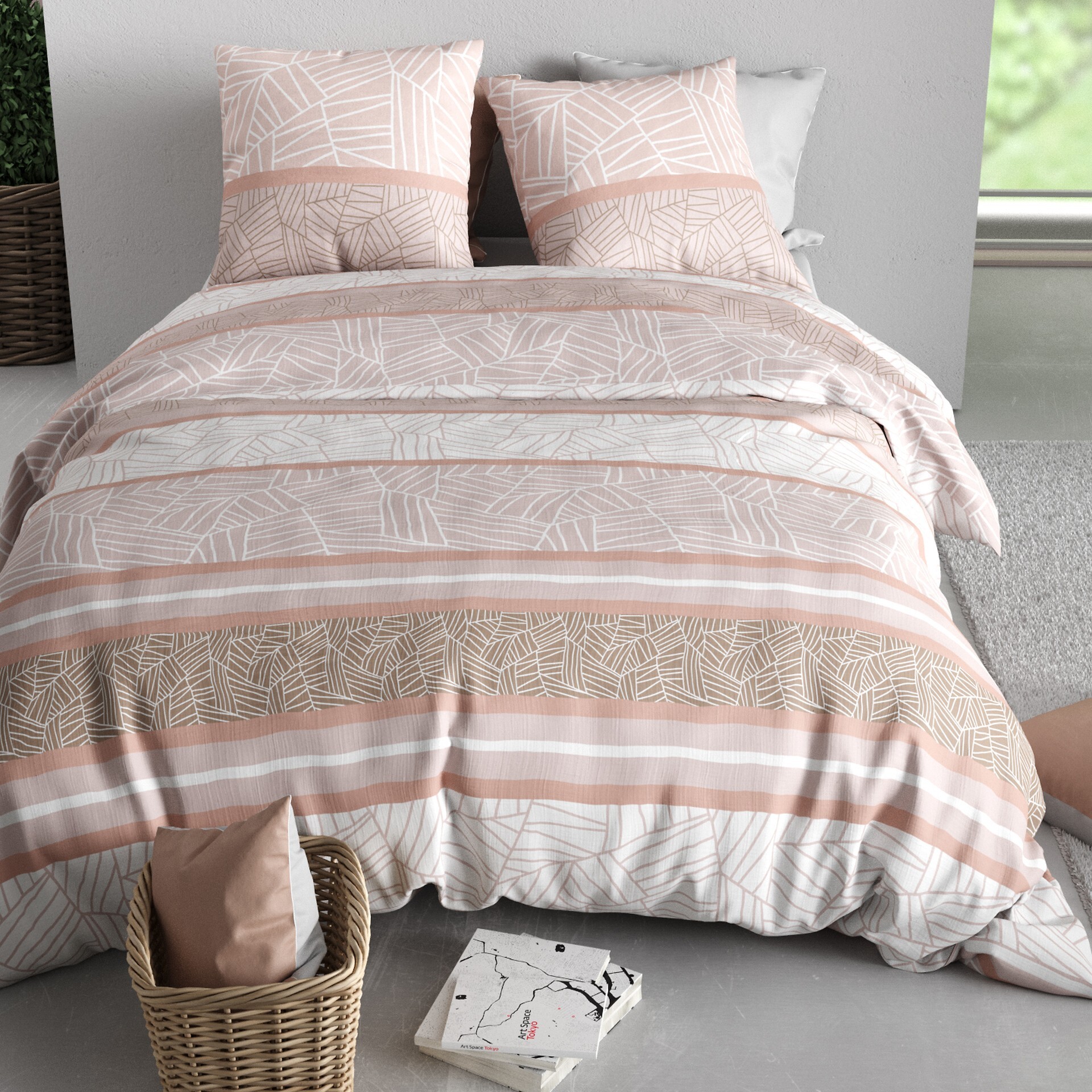 Parure housse de couette imprimée 220x240cm + 2 Taies 100% coton 57fils TRINE